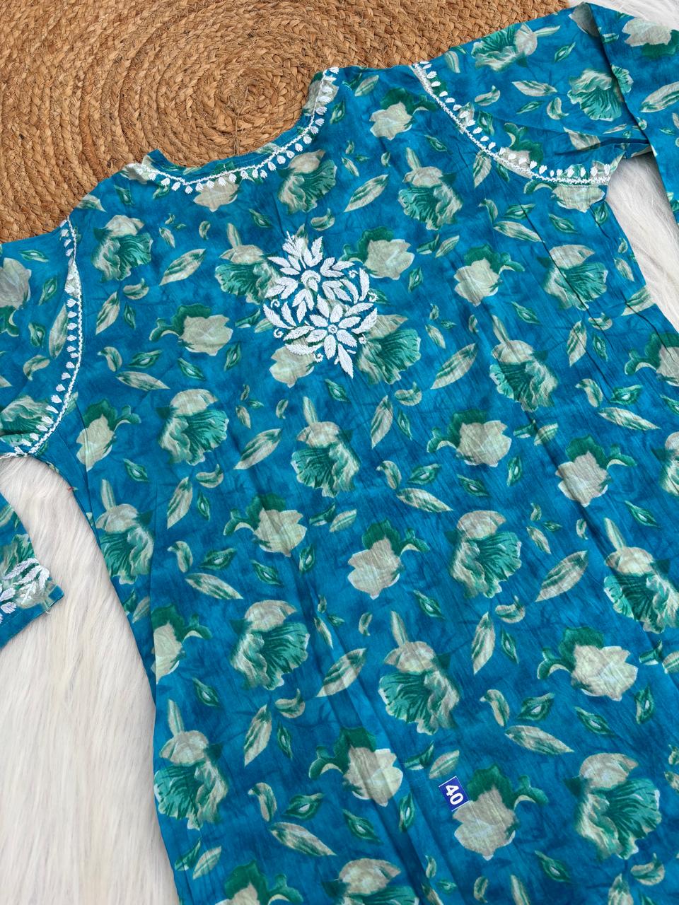 Elena Mulmul Cotton Handwork Chikankari Kurti Set - Blue Colour