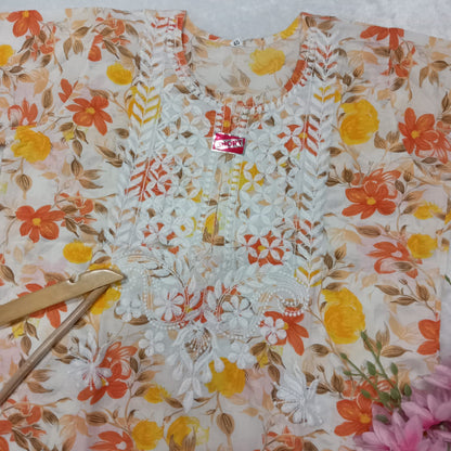 Mulmul Cotton Chikankari Short - Kurti Orange Colour