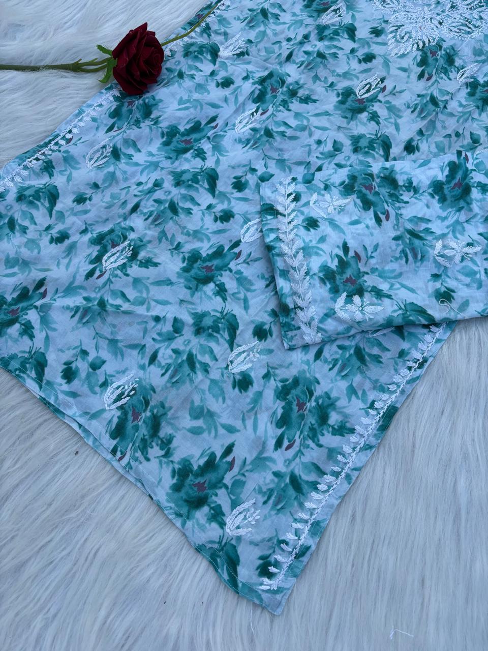 Hadaya Mulmul Cotton Chikankari Kurti Set - Sea Green Colour