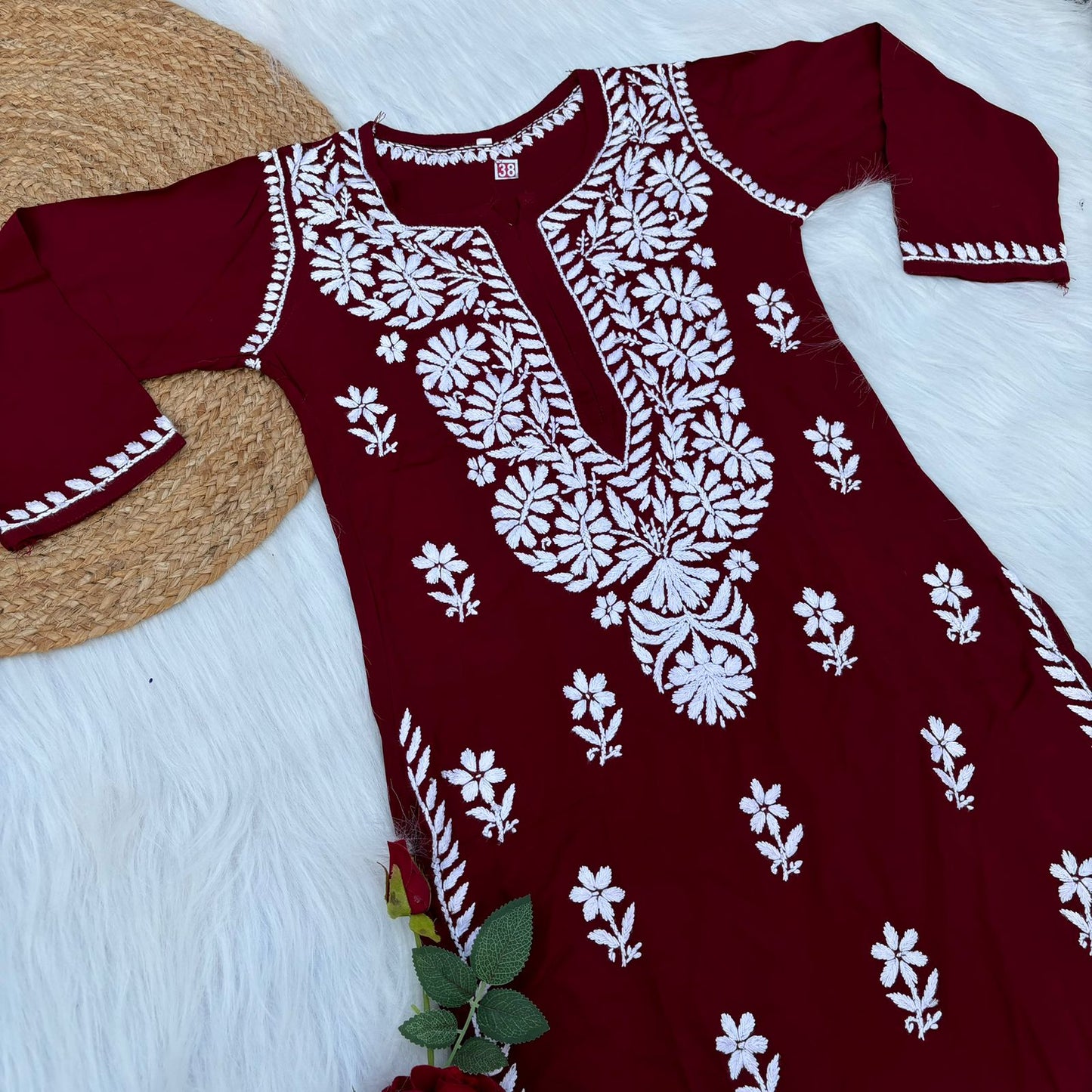 Hiba Soft Rayon Chikankari Kurti - Maroon Colour