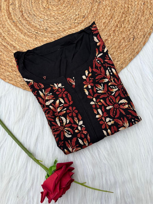 Shefrin Soft Rayon Lucknowi Handwork Chikankari Kurti - Brown Colour