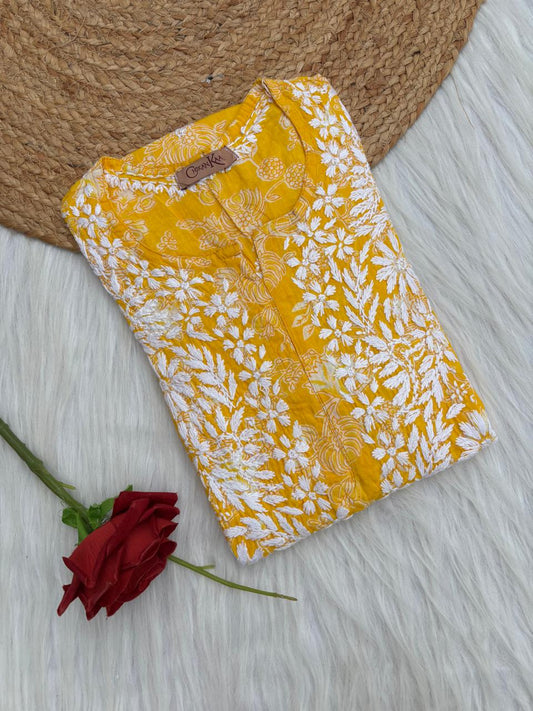 Sameera Pure Mulmul Chikankari Handwork Kurti - Yellow Colour