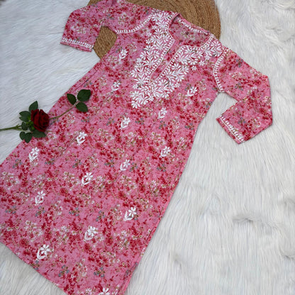 Rania Pure Mulmul Chikankari Handwork Kurti - Pink Colour