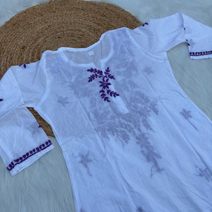 Shraddha Kapoor inspired Pure Cotton Chikankari Kurti - Purple Colour - Chikankaar