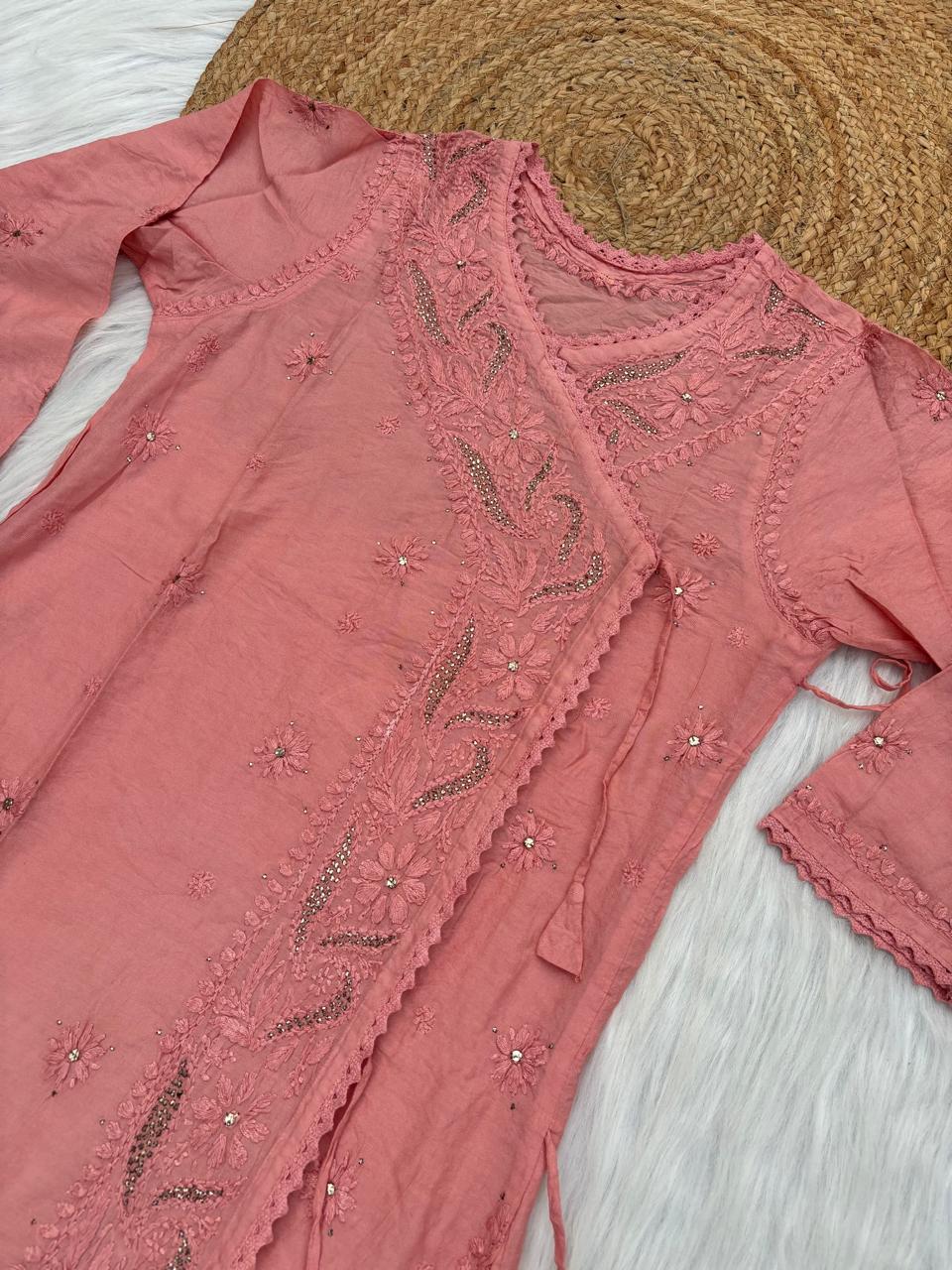 Naaz Chanderi Angrakha style Chikankari Kurti with Mukaish work - Dusty Peach Colour
