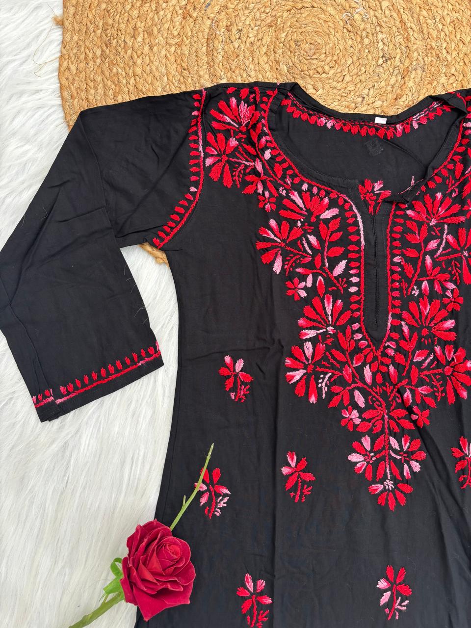 Mahek Soft Rayon Handwork Chikankari Short Kurti- Red Colour