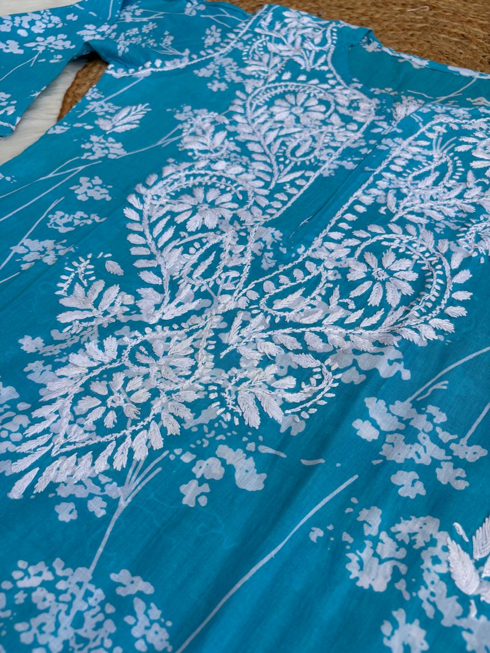 Jiya Mulmul Cotton Handwork Chikankari Kurti Set - Blue Colour