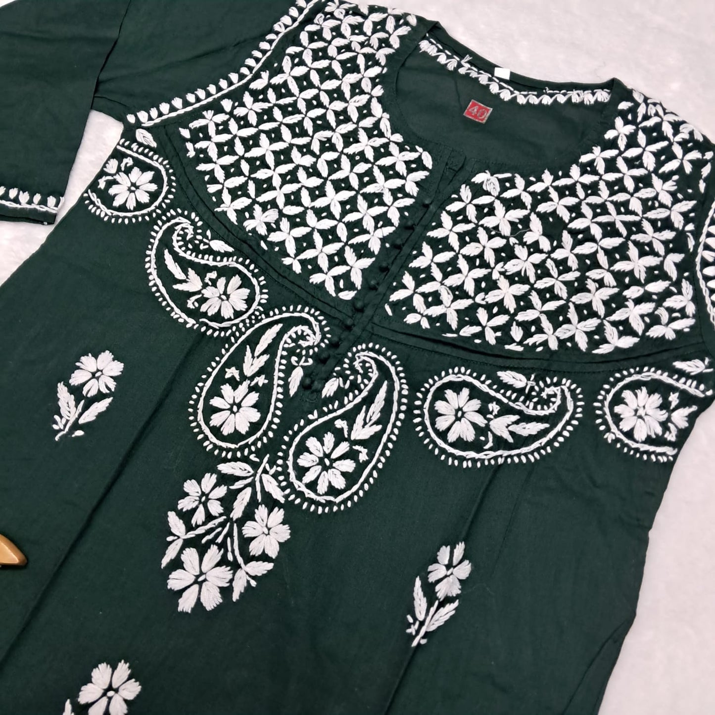 Adiva Pure Cotton Chikankari Handwork Kurti -Dark Green Colour