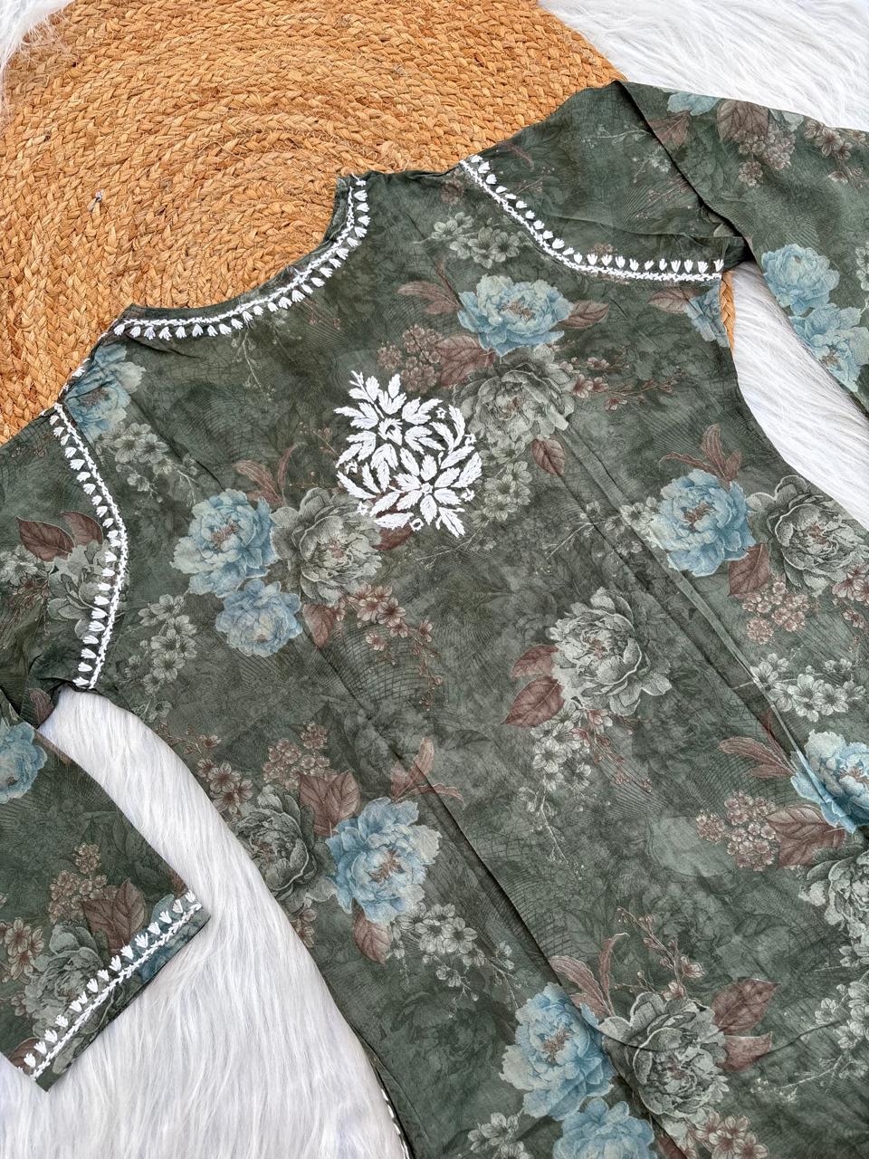 Zaina Pure Mulmul Chikankari Handwork Kurti - Dark Green Colour