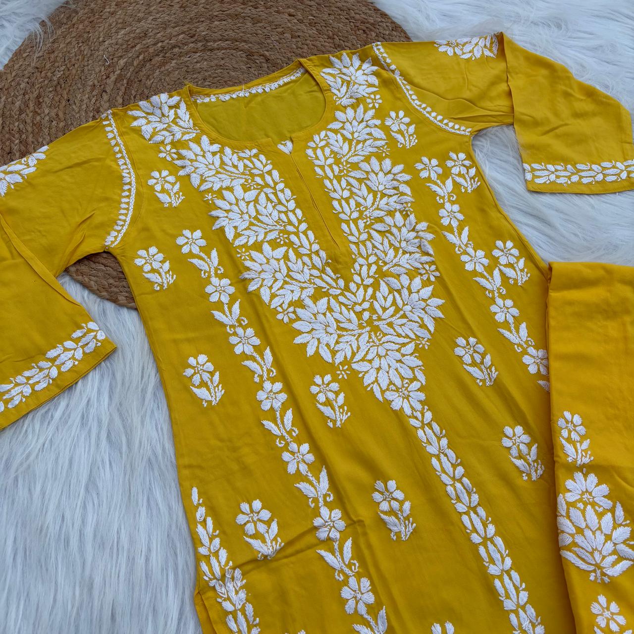 Samara Rayon Handwork Chikankari Kurti Plazo Set - Yellow Colour