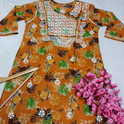 Masooma Mulmul Floral Printed Chikankari Handwork Kurti - Yellow Colour