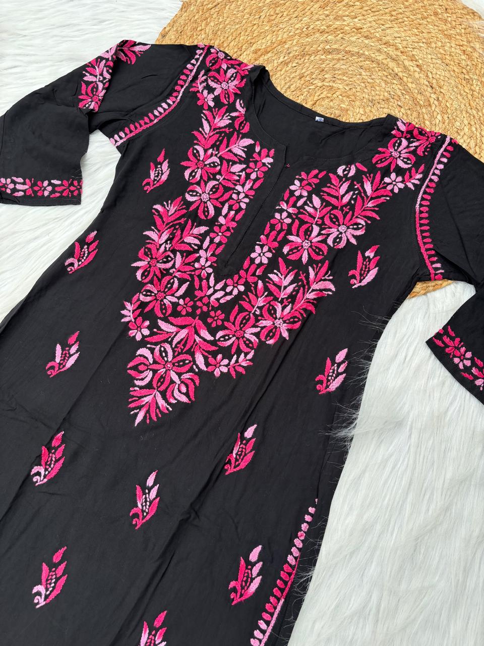Shefrin Soft Rayon Lucknowi Handwork Chikankari Kurti - Pink Colour