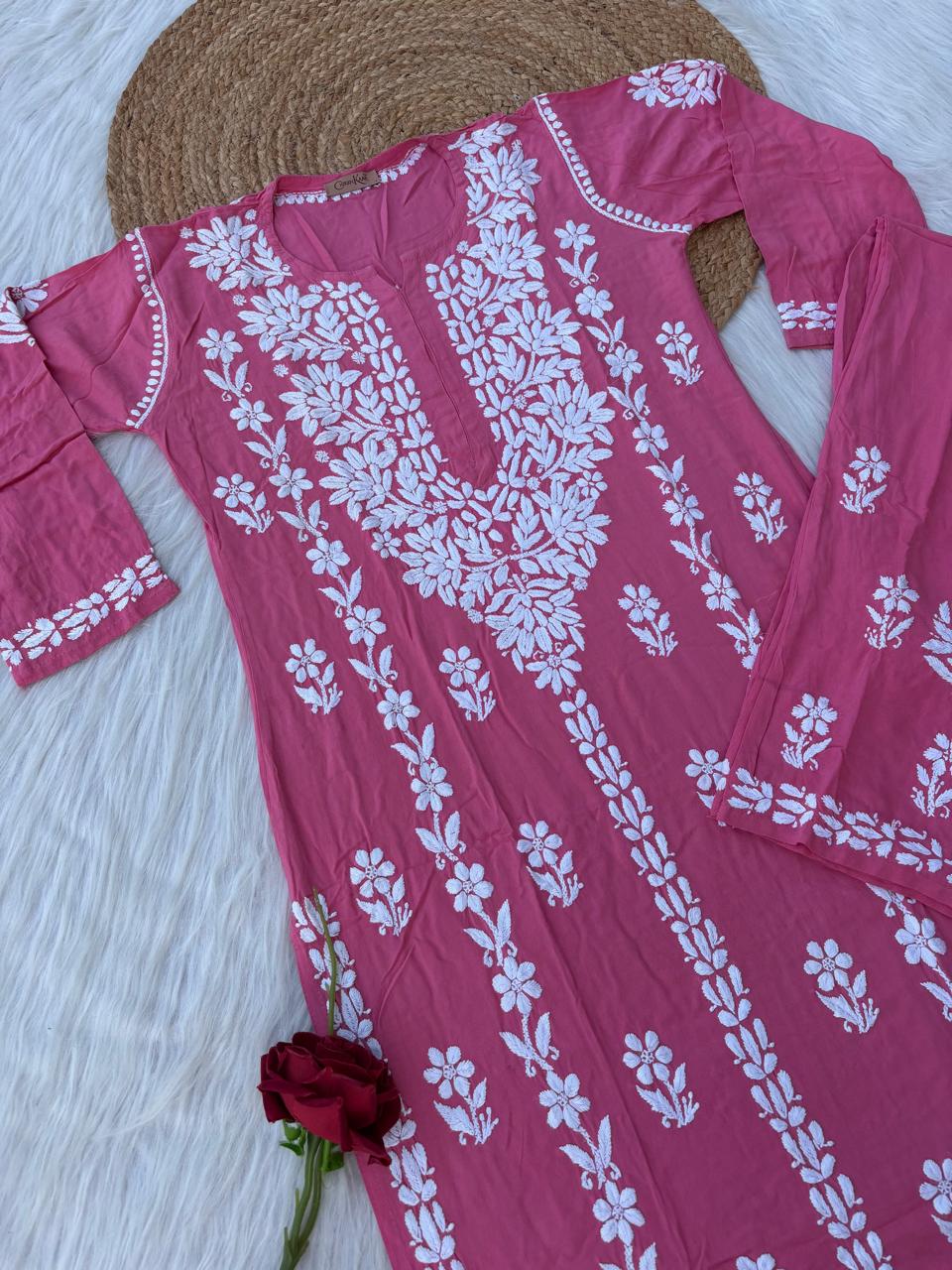 Samara Rayon Handwork Chikankari Kurti Plazo Set - Dark Pink Colour