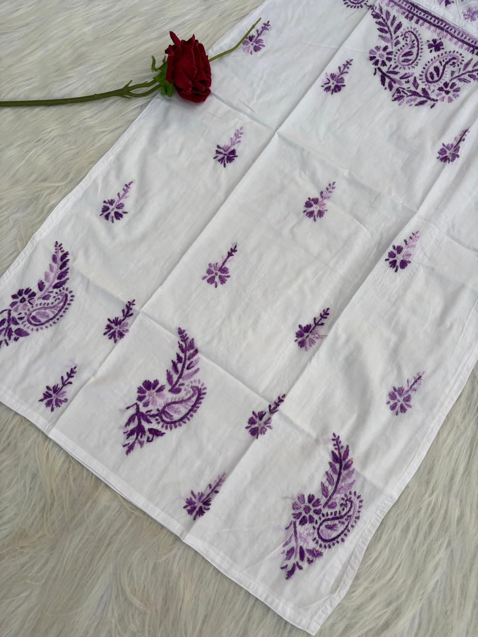 Zoya Cotton Lucknowi Handwork Chikankari Kurti - White Purple Colour