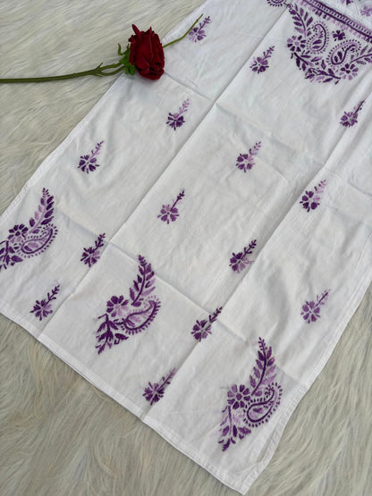 Zoya Cotton Lucknowi Handwork Chikankari Kurti - White Purple Colour