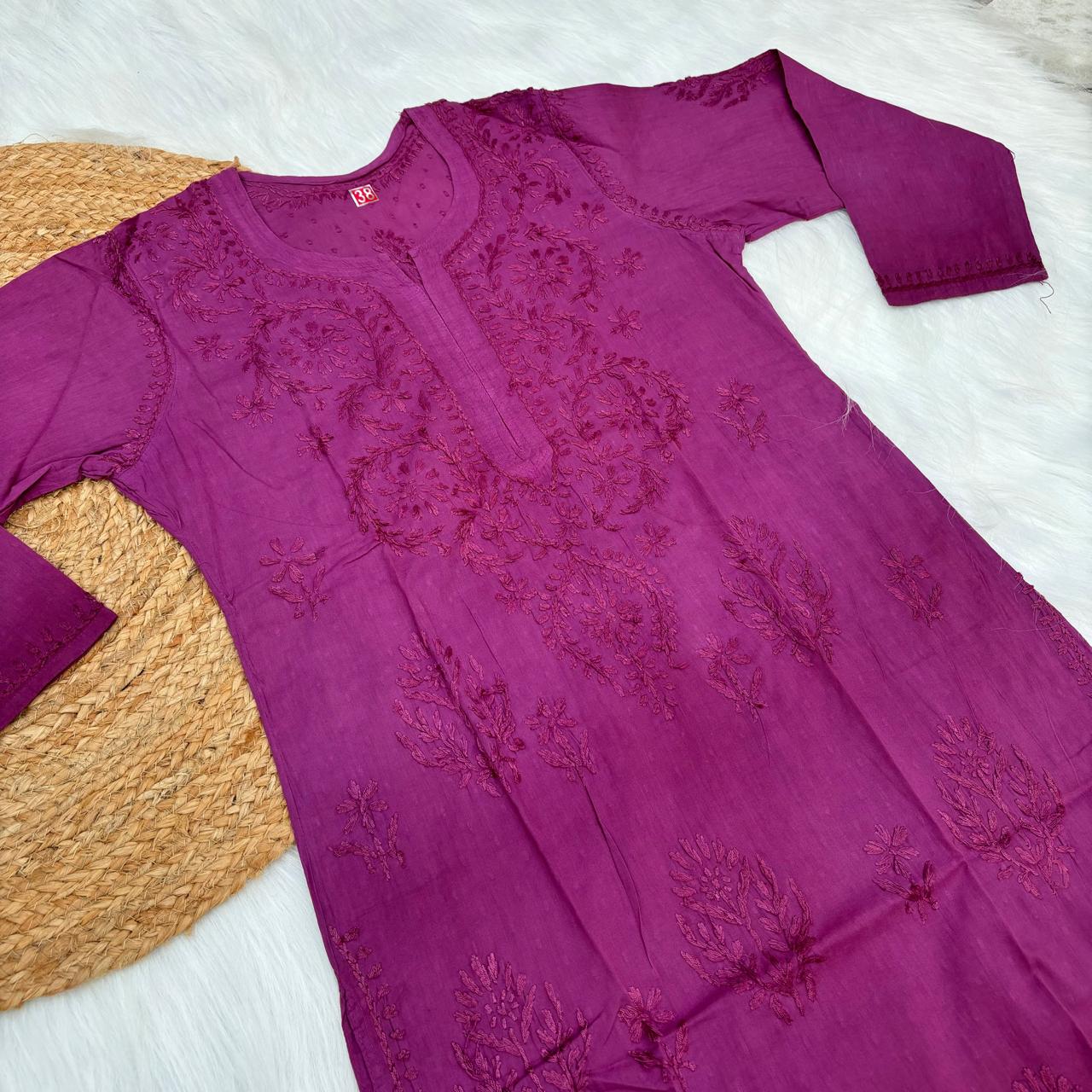 Tuba Ombre Shaded Dobby Cotton Chikankari Kurti - Wine Colour