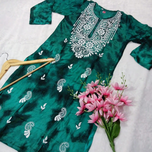 RAYON TIE & DYE CHIKANKARI MACHINE WORK KURTI -PINE GREEN COLOUR