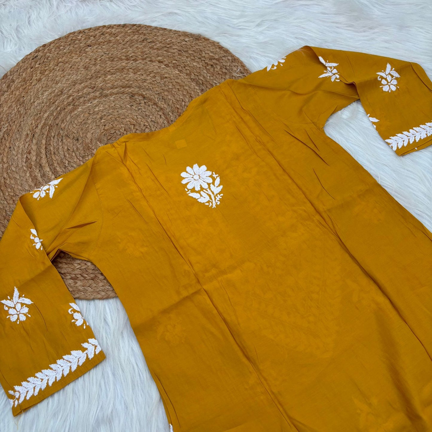 Afana Silk Chikankari Kurti Plazo set Yellow Colour