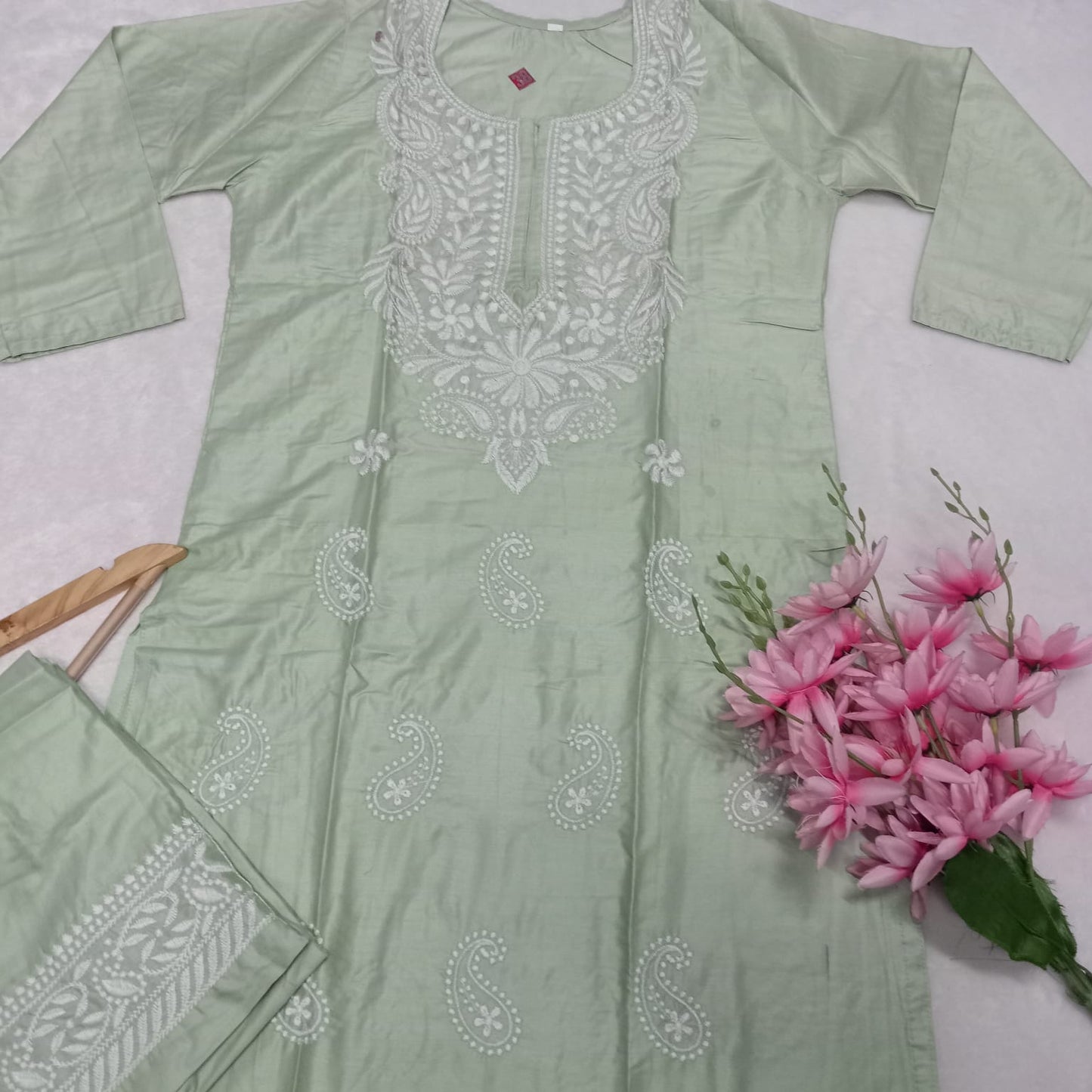 Rayon Chikankari Machine Work Kurti Plazo Set-  Pista Colour