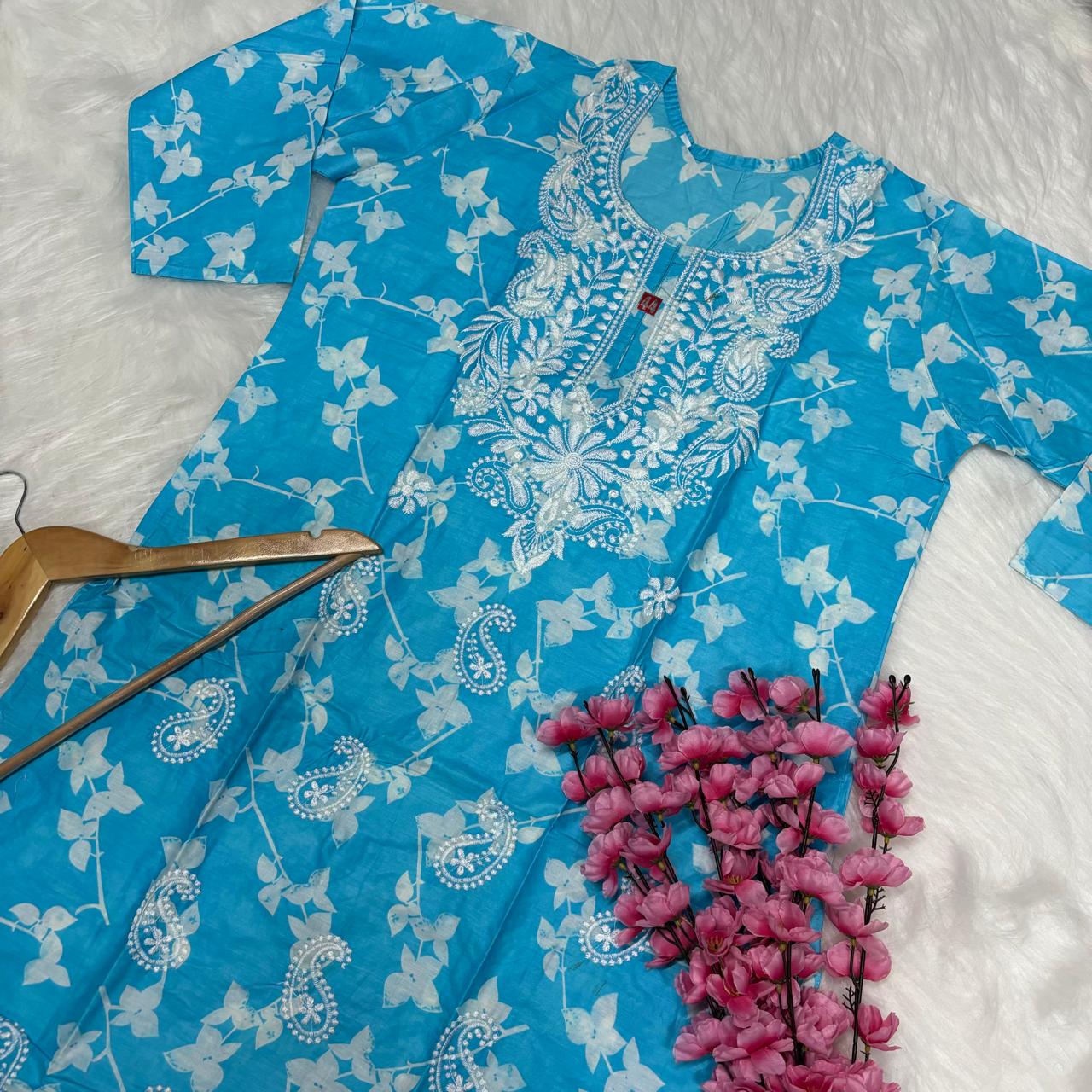 Mulmul Cotton Chikankari Machine Work Kurti -Sky Blue Colour