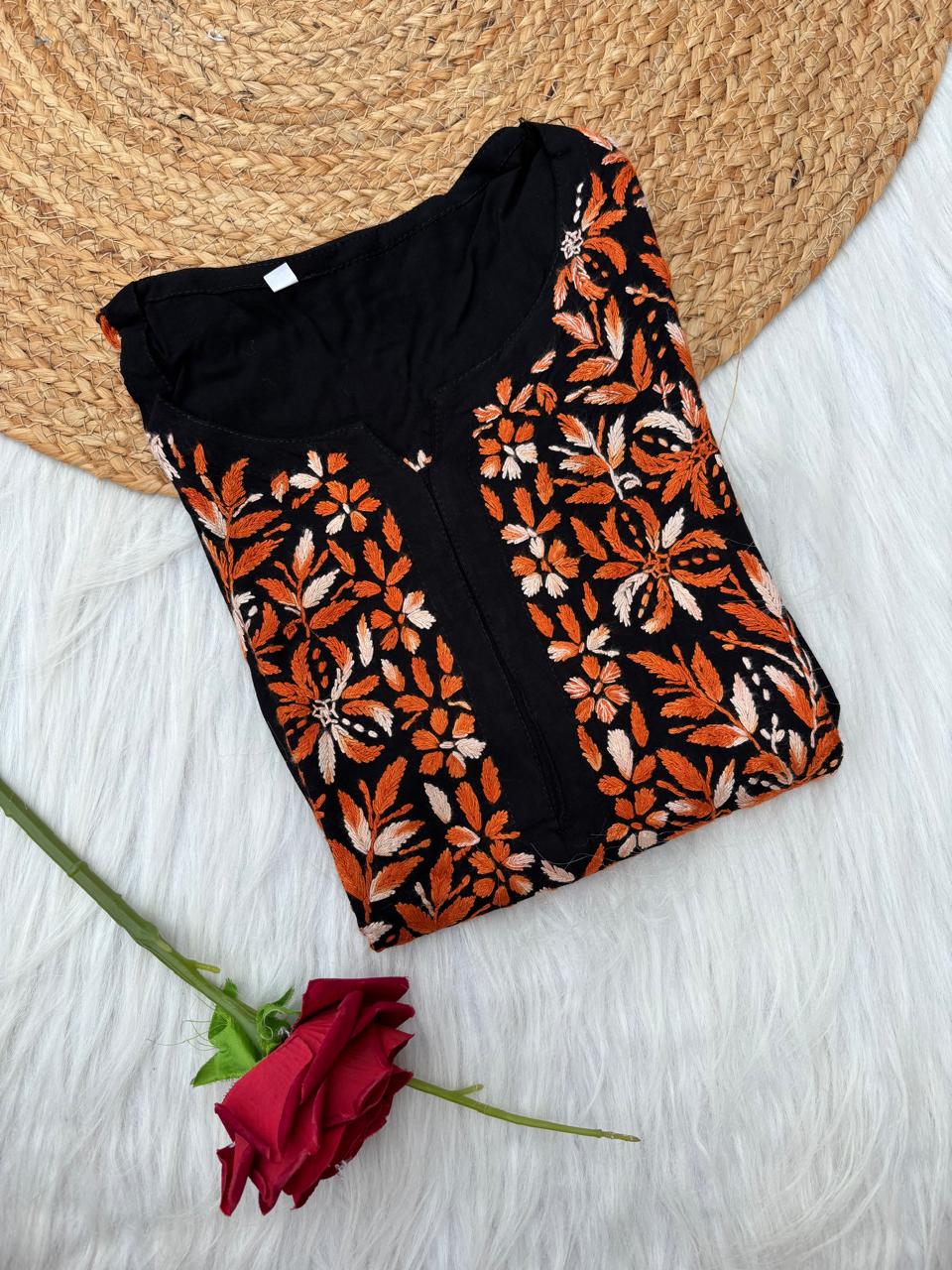 Shefrin Soft Rayon Lucknowi Handwork Chikankari Kurti - Rush Colour