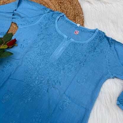 Sofia Ombre Shaded Soft Rayon Chikankari Short Kurti - Sky Blue Colour - Chikankaar