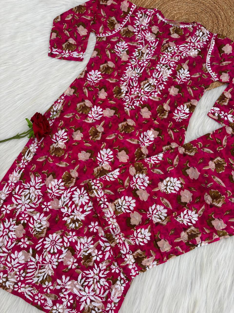 Elena Mulmul Cotton Handwork Chikankari Kurti Set - Rani Colour