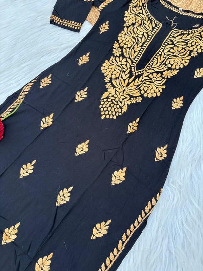Shifa Soft Rayon Lucknowi Chikankari Kurti - Black Yellow Color