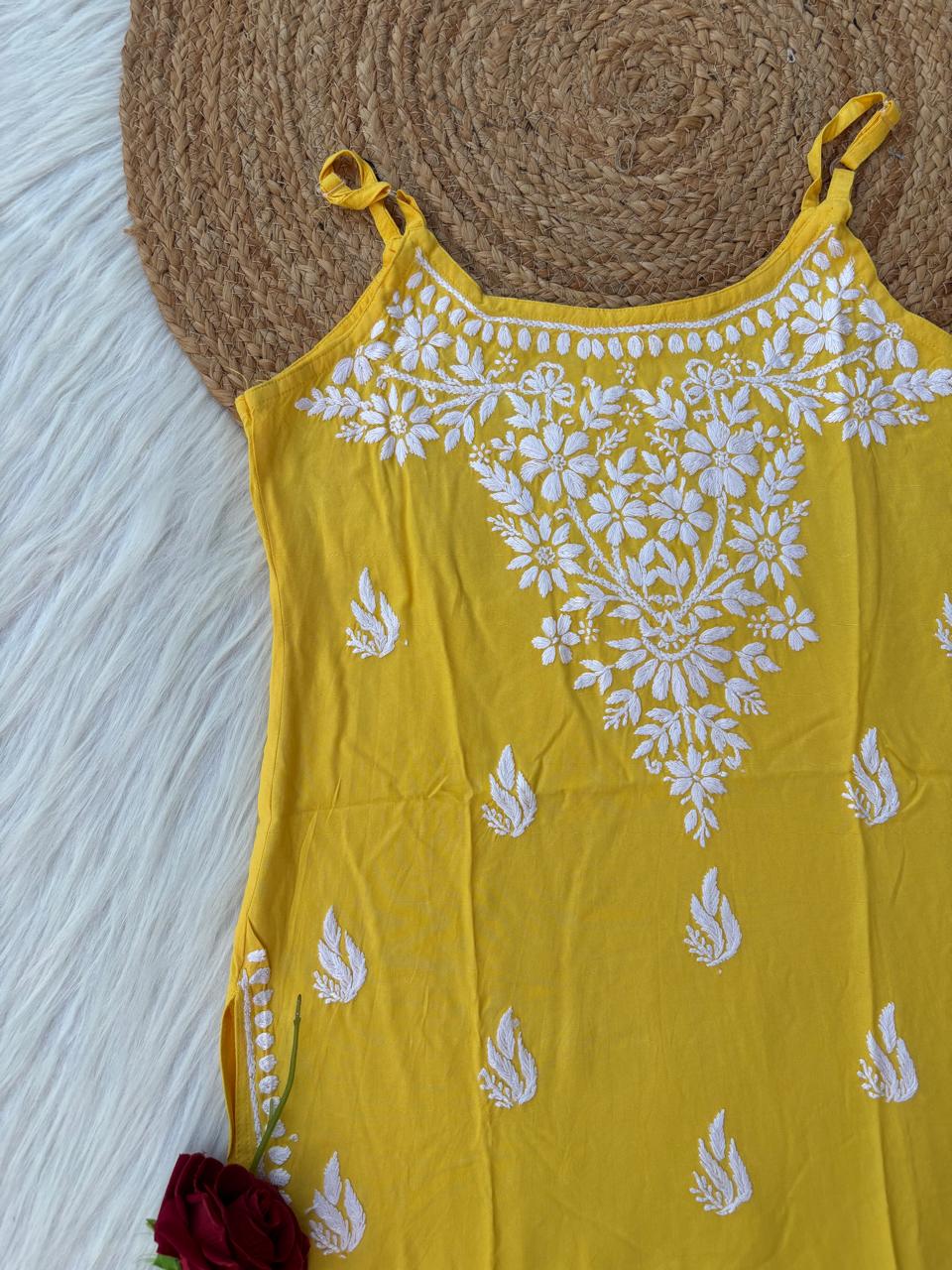 Ayla Rayon Handwork Chikankari Noodle Strap Short Kurti - Yellow colour