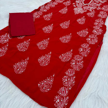 Stone Work Georgette Chikankari Kurti - Red Colour - Chikankaar