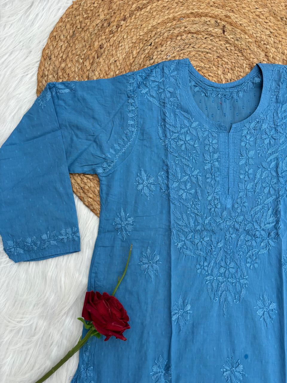 Ziva Soft Dobby Cotton Lucknowi Handwork Chikankari Short Kurti - Blue Colour