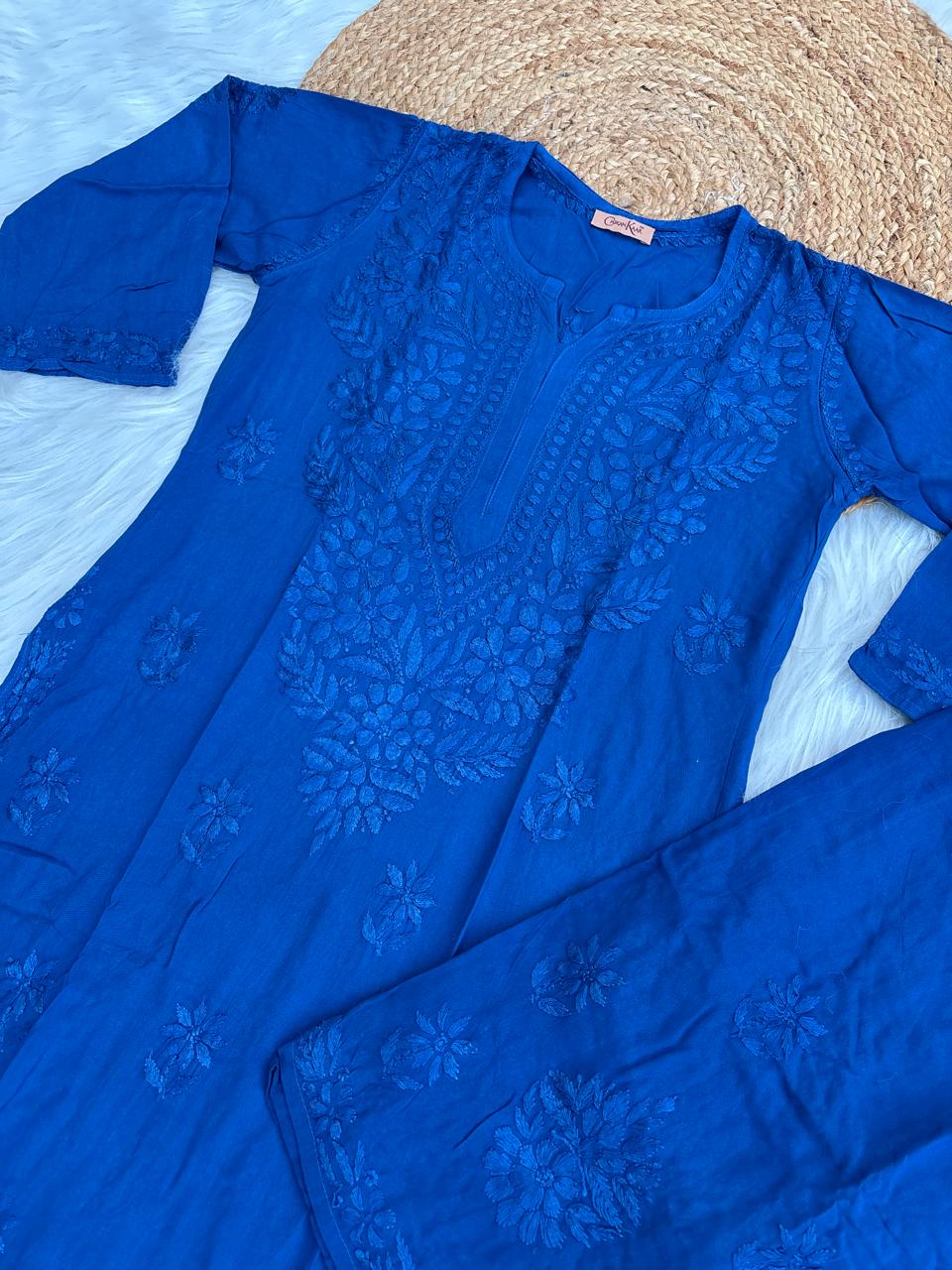 Azra Soft Rayon Dyeable Handwork Chikankari kurti Set - Blue Colour