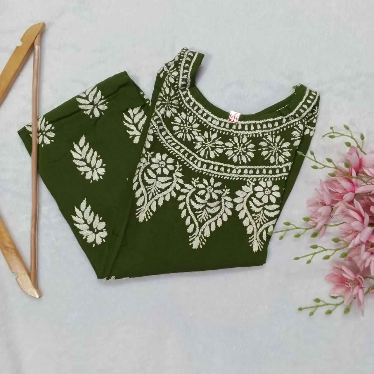 Boat Neck Rayon Chikankari Kurti -Dark Green Colour