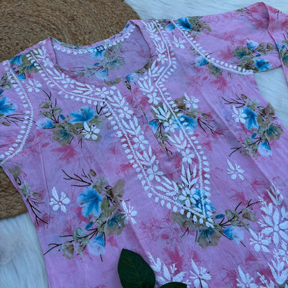 Rasha Pure Mulmul Chikankari Kurti - Pink Color
