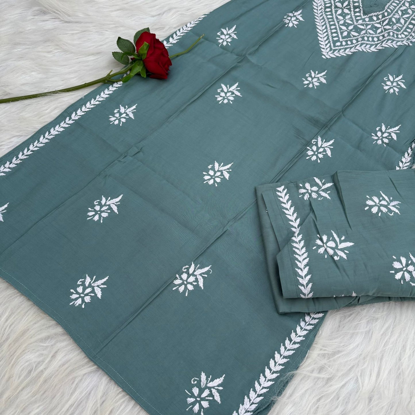 Afana Silk Chikankari Kurti Plazo set T Green Colour