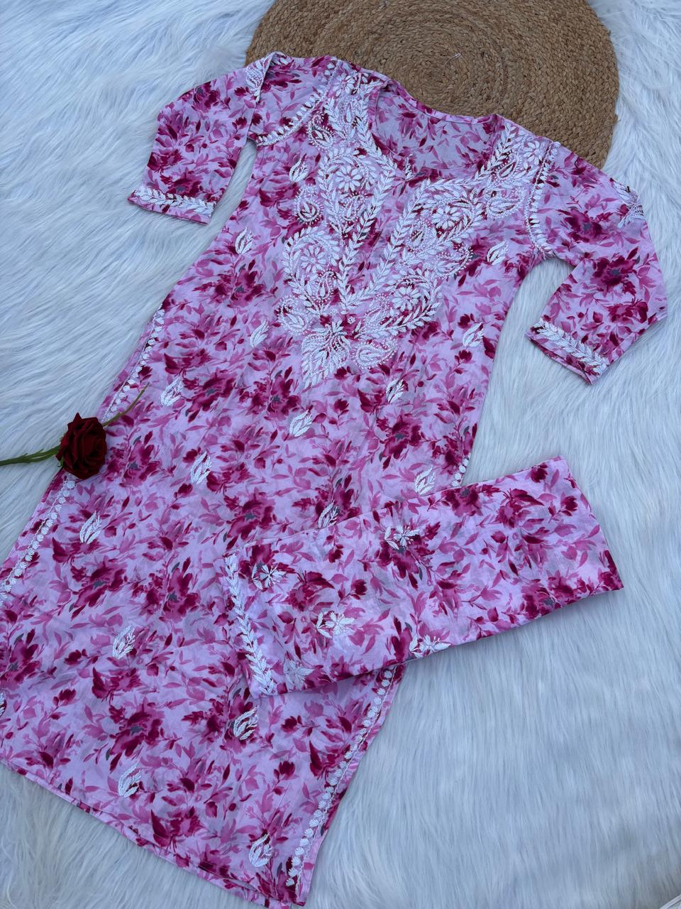 Hadaya Mulmul Cotton Chikankari Kurti Set -Pink Colour