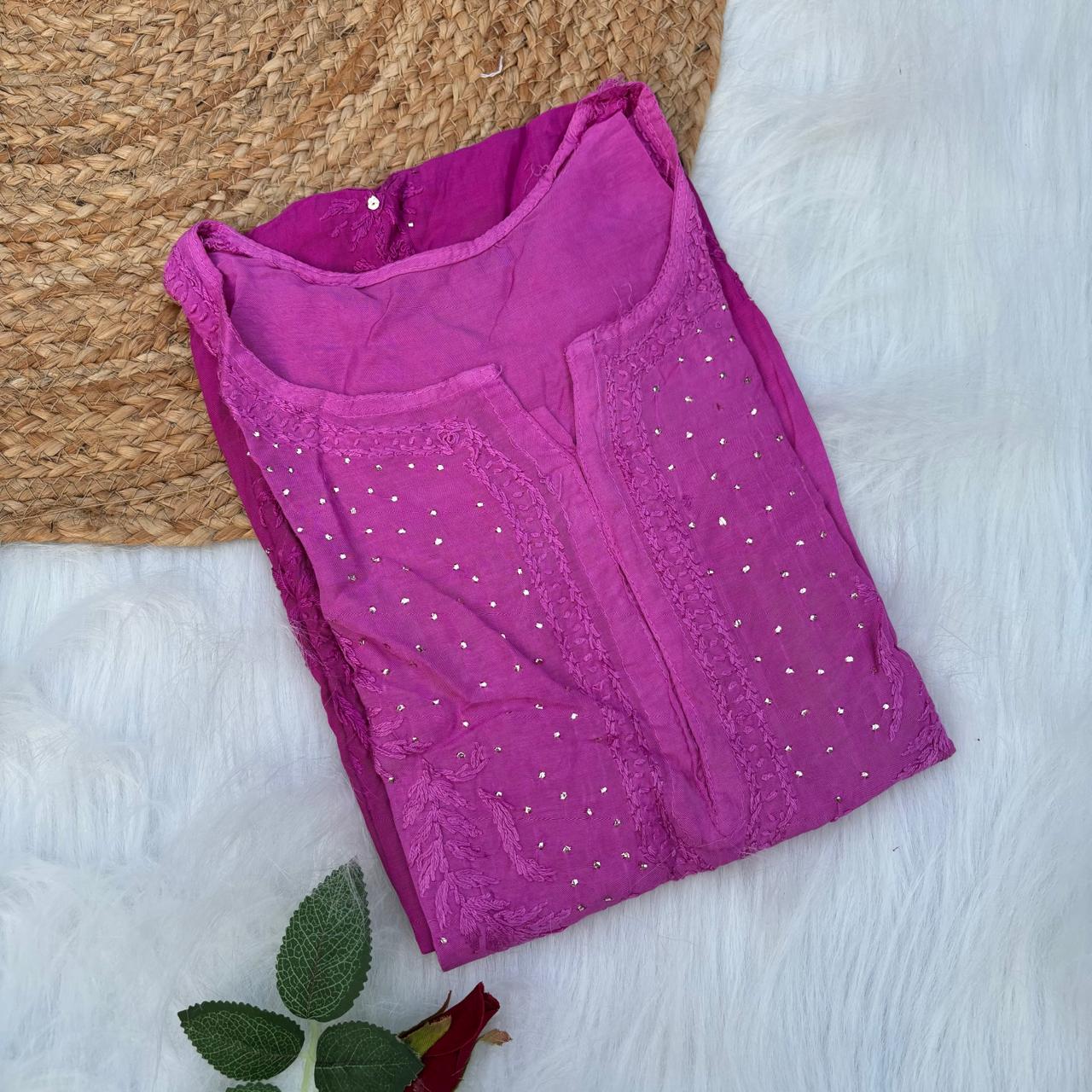 Rakul Preet Inspired Chikankari Muslin Kurti with Mukaish Work - Fuchsia Colour