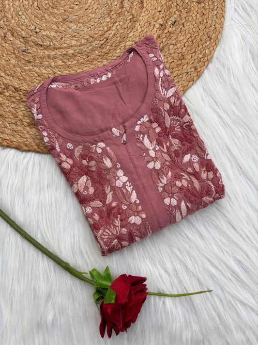 Roohi Rayon Tone To Tone Lucknowi Handwork Chikankari Kurti - Mauve Pink Color