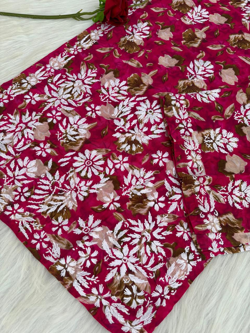 Elena Mulmul Cotton Handwork Chikankari Kurti Set - Rani Colour