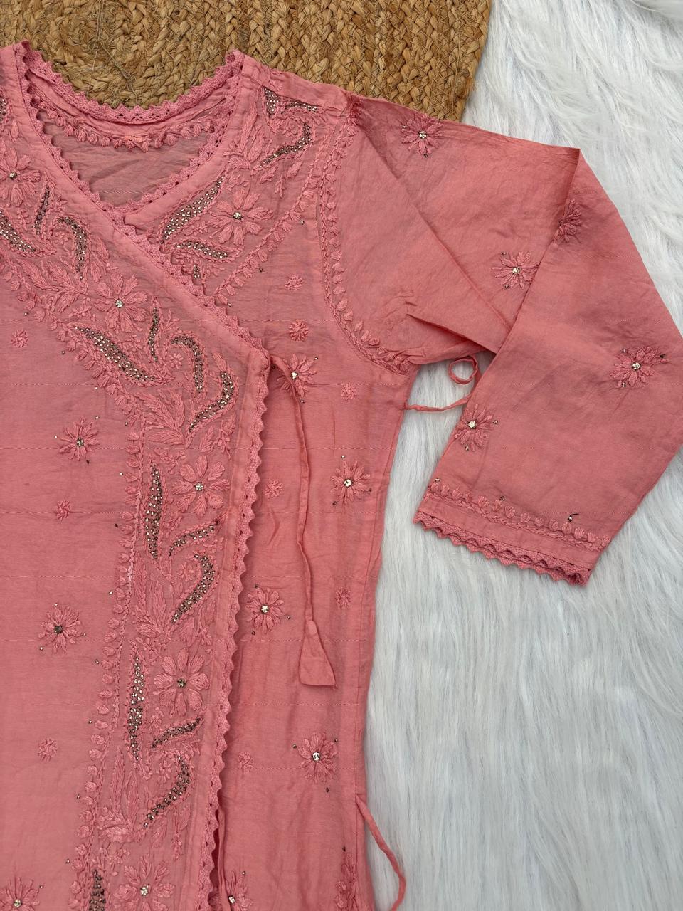 Naaz Chanderi Angrakha style Chikankari Kurti with Mukaish work - Dusty Peach Colour