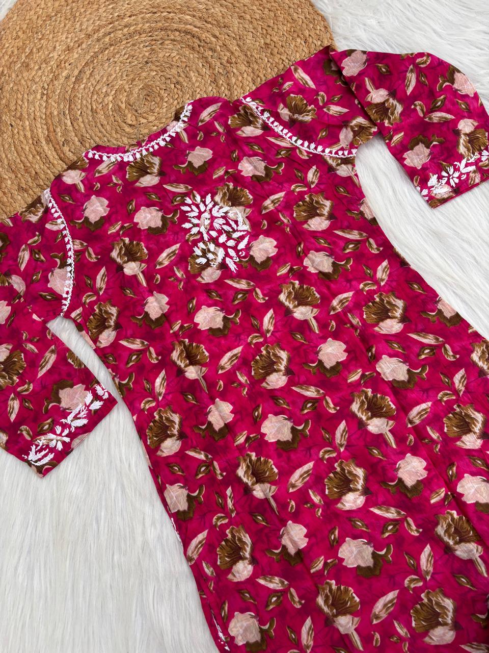 Elena Mulmul Cotton Handwork Chikankari Kurti Set - Rani Colour