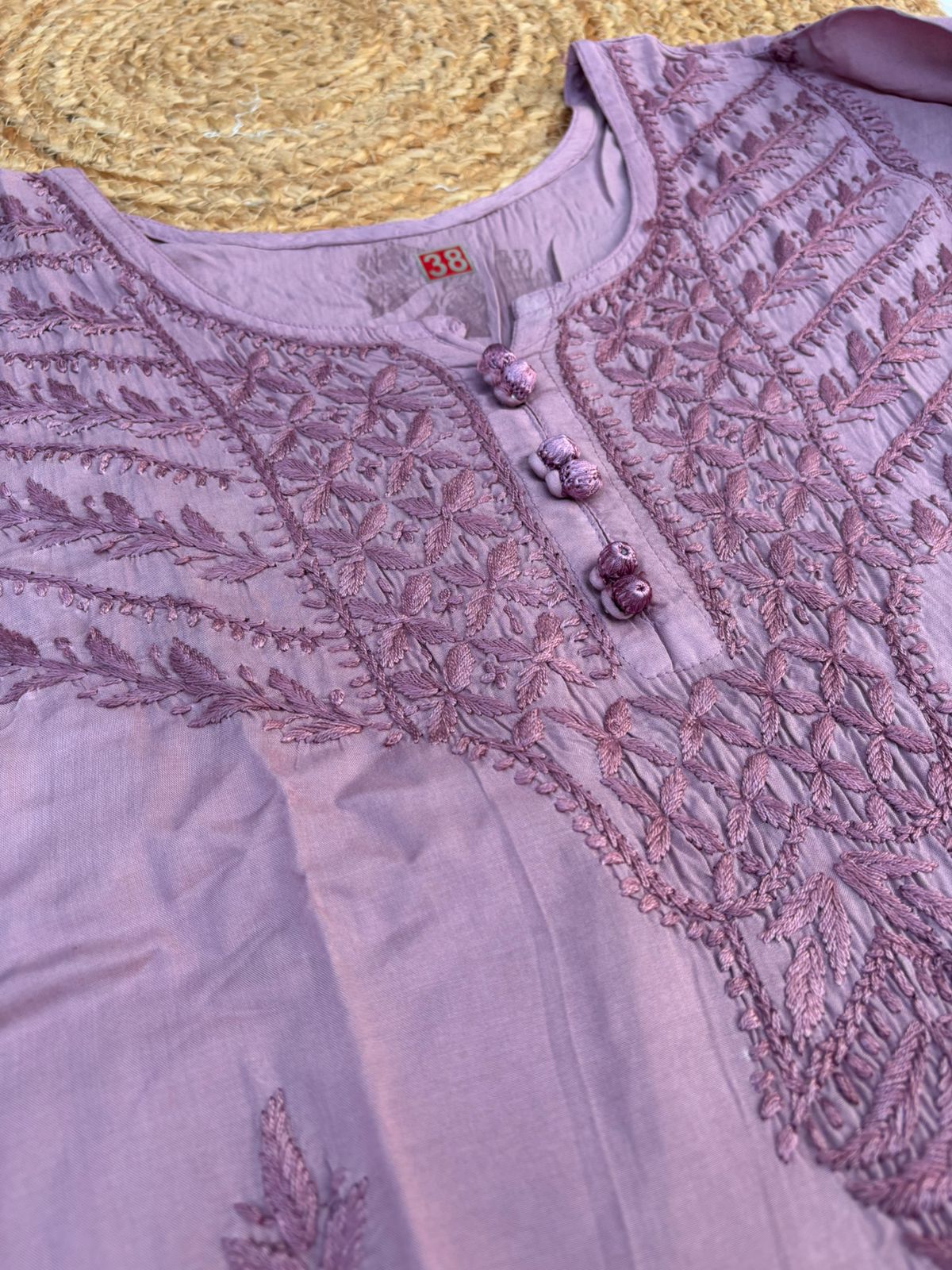 Zimal Dyeable Soft Rayon Chikankari Short Kurti - Mauve Colour