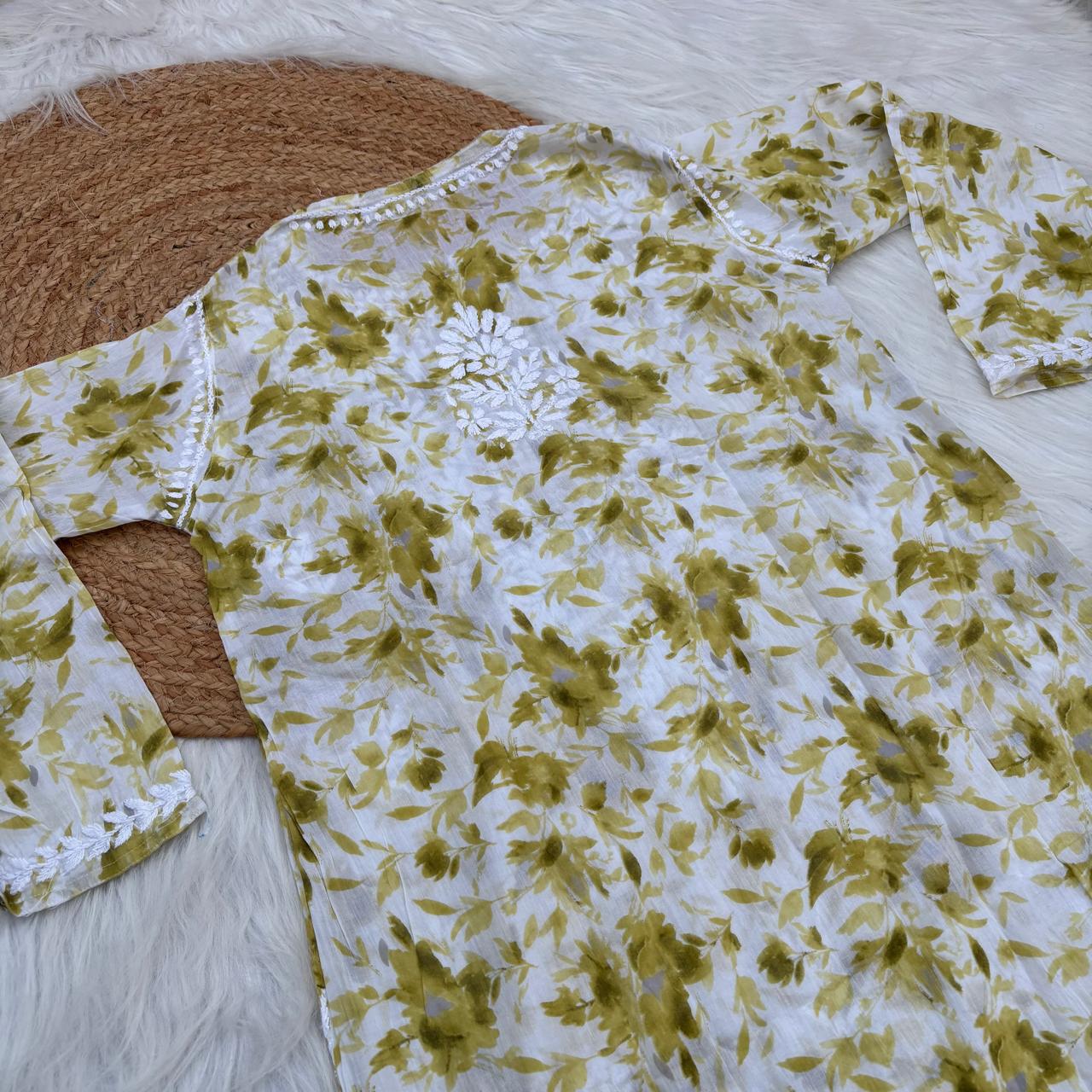 Aaliyah Mulmul Cotton Chikankari Kurti Set -Green Colour