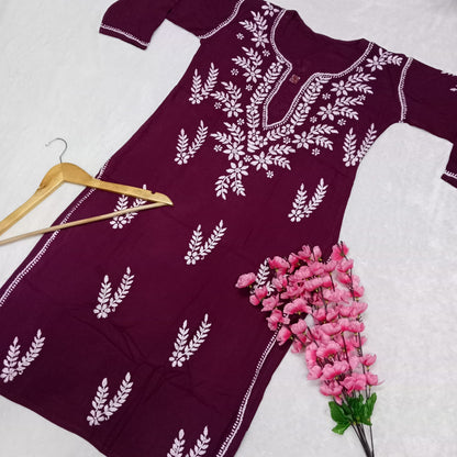 Pure Rayon Chikankari Ghas Patti Work Kurti -Wine Colour