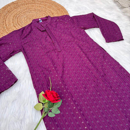 Ayaan Mens Cotton Chikankari Kurta - Wine  colour