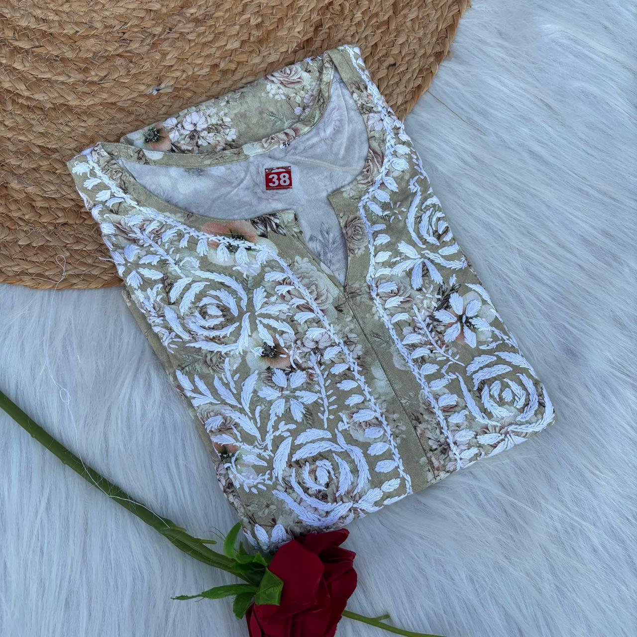 Hina Rayon Rose work Lucknowi Chikankari kurti - Pista Colour