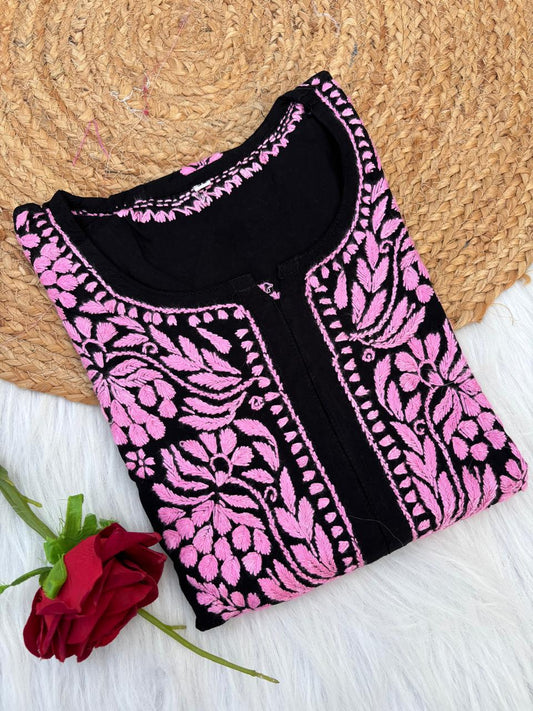 Shifa Soft Rayon Lucknowi Chikankari Kurti - Black Pink Color