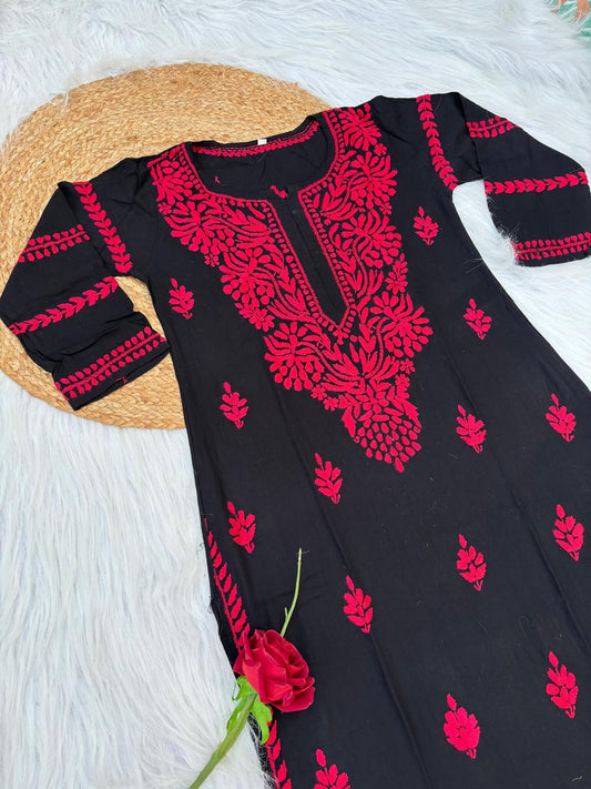 Shifa Soft Rayon Lucknowi Chikankari Kurti - Black Cherry Color