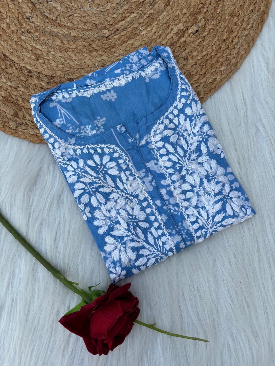 Sidra Pure Mulmul Chikankari Handwork Kurti - Blue Colour