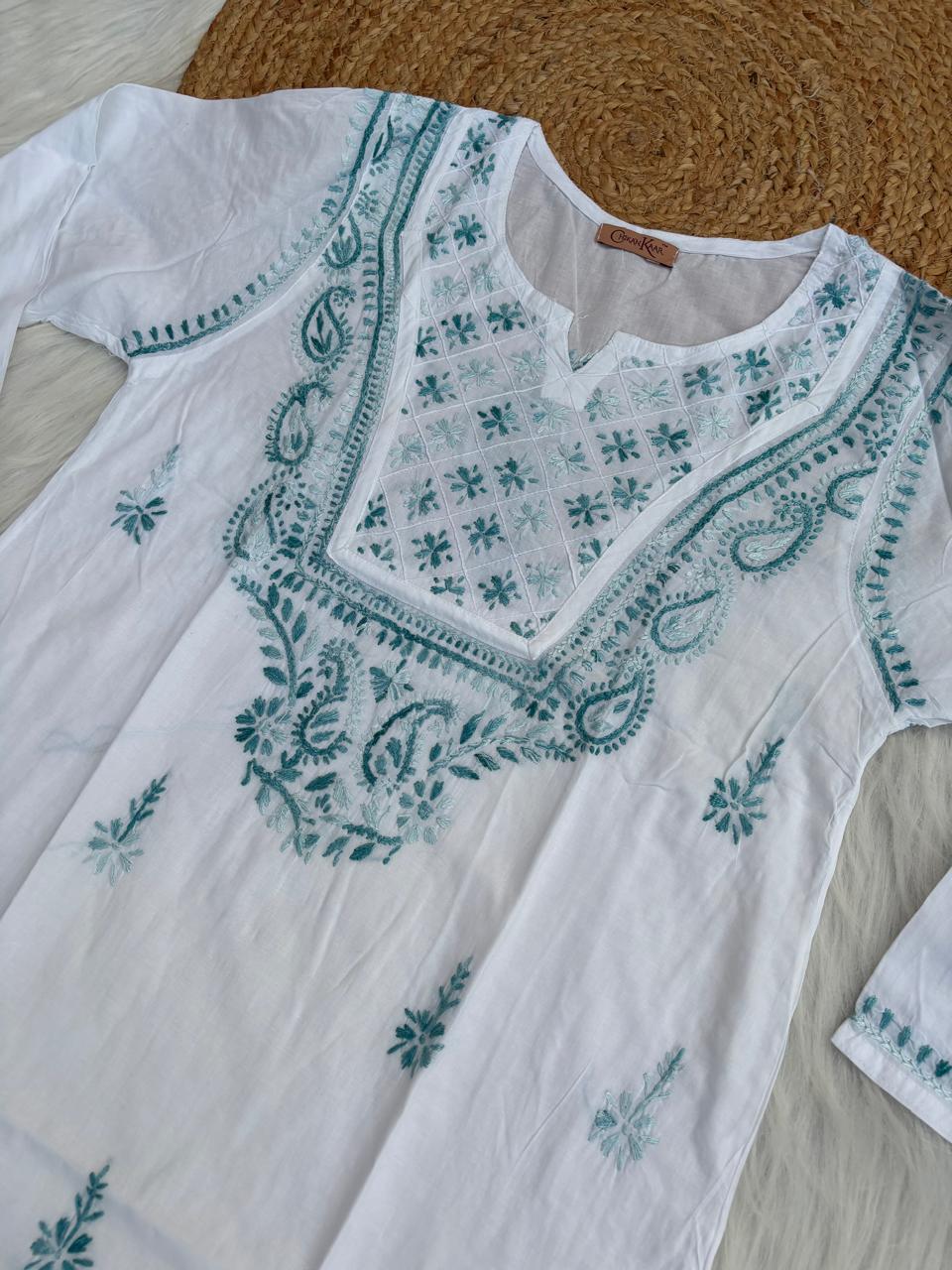 Zoya Cotton Lucknowi Handwork Chikankari Kurti - White Teal green Colour